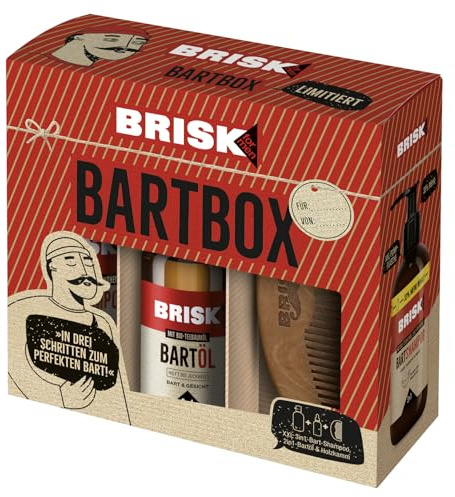 BRISK Bart GESCHENKBOX (limited edition) - Set bestehend aus: 1x 2in1 Bart-Öl 30 ml + 1x 3in1 Bart-Shampoo 200 ml + 1x stylischer Holzkamm, 230 ml