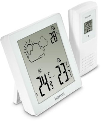 Hama Wetterstation (mit Außensensor, Thermometer innen und außen, Hygrometer innen und außen, Wettervorhersage mit Symbolen, zum Hinstellen und Aufhängen, inkl. Batterien) weiß