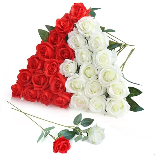 LPREUTWN 30 rose artificiali in seta, stelo lungo, bouquet di fiori per matrimonio, addio al nubilato, feste, decorazione della casa (bianco + rosso)