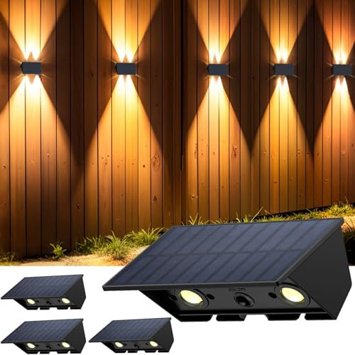 IIRARA 4-Pack Solar Fence Lights Outdoor Garden, Garden Fence Wall Lights, Warm White, Up & Down, Waterproof, Dusk to Dawn for Outdoor/Yard/Pool/Porch
