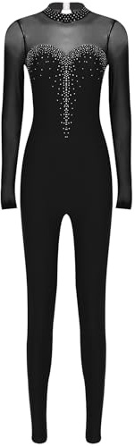 Rswnyirn Justaucorps Gymnastique Femme Danse Strass Legging Patinage Artistique Costume Spectacle Noir S