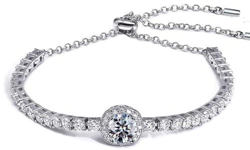 FEIKFEIZ Moissanit Tennisarmband, 2CT 8mm laborgezüchteter Moissanit-Diamant, 925er Silber mit 18K Weißgold plattiert, verstellbares Damen-Silberarmband, modisch, Schmuckgeschenk.