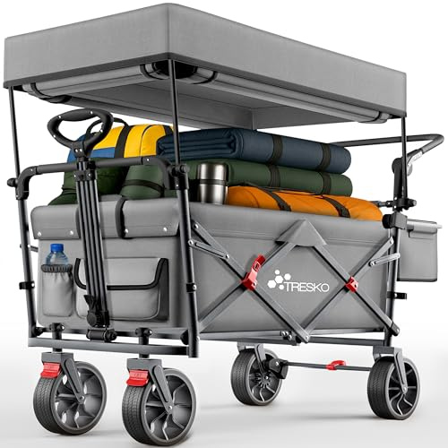 TRESKO® Carro Plegable con Techo, Compartimento de refrigeración y Ruedas Laterales, Carro de Mano máx. soporta hasta 150 kg, Carro de Transporte con neumáticos de Goma Maciza, Frenos