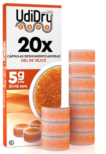 20 Capsule Essiccanti Deumidificanti per Apparecchi Acustici UdiDry Caps 5g 31mm con Indicatore di Colore - Gel di Silice di Alta Qualità per Contenitori di Asciugatura