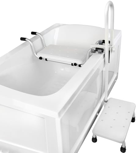 3 in 1 Bathtub Safety Rail with Step Stool & Seat for Seniors, Elderly Tub Transfer | Secure Bathroom Assistant & Tub Shower Chair with Non-Slip Handle, Fits Most Bathtubs