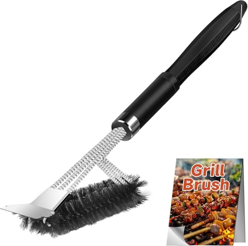 ChlorBlu Grillborste i rostfritt stål, 3-i-1 grillborste med skrapa och justerbart handtag, rengöringsborste för rostfritt grill, rengöringsborste för BBQ, trädgård, camping