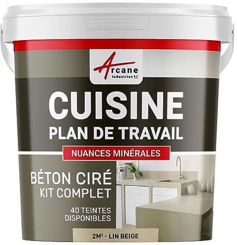 Béton ciré cuisine, plan de travail, crédence, évier, sol et mur, revêtement mural décoratif, kit complet - 2 m² (en 2 couches) Lin Beige - ARCANE INDUSTRIES