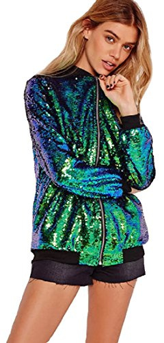 Cray Girls Womens Ladies Sequin Bomber Jacket Zip Up Stylish Party Bling Baseball Biker Coat Outwear UK 8-18 (12-14, Green)