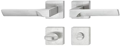JUVA Drückergarnitur Messing Türbeschlag Chrom matt | 1 Stück Türgriff Zimmertür - LDH 3205 | WC-Bad | Drücker-Paar mit eckiger Rosette | Design Türdrücker-Garnitur für Innentüren mit Schrauben