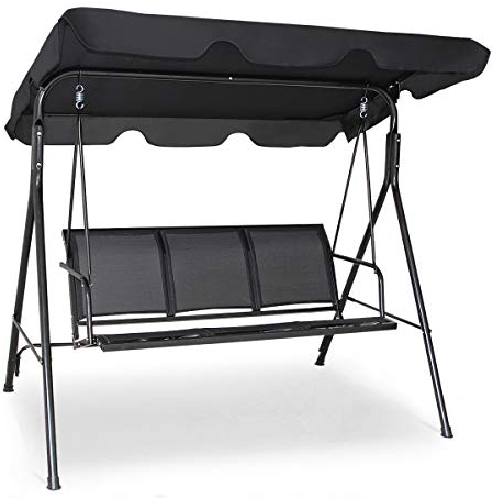 COSTWAY Dondolo da Giardino a 3 Posti, con Tettuccio Parasole Regolabile, Sedia a Dondolo da Giardino con Telaio in Acciaio, 173 x 119 x 152 cm (Nero)