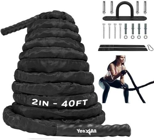 Yes4All Battle Träning Träningsrep med skyddskåpa – stålankare och rem ingår – 38 mm/50 mm diameter Poly Dacron 9 m, 12 m, 15 m längd, svart, 50 mm – 12 m