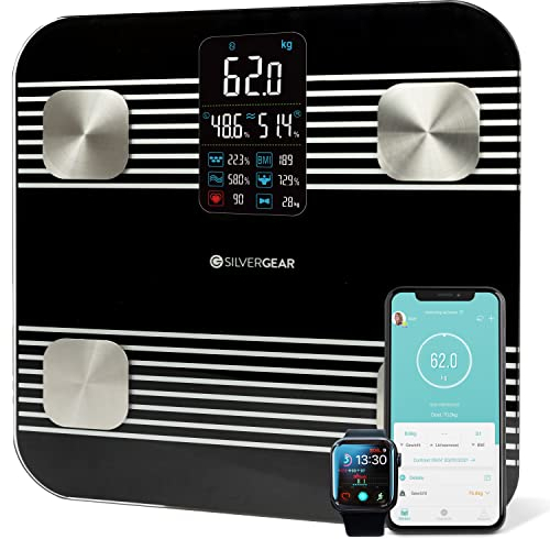 Silvergear® Bilancia Impedenziometrica Professionale Smart Con App | 17 Funzioni: Massa Grassa, Muscolare, BMI, Peso, Peso Osseo, BMR
