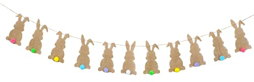 Whaline Easter Bunny Felt Banner with String 11 Pcs Colorful Tail Bunting Garland Pre-Assembled Spring Rabbit Hanging Decoration for Home Backdrop Decor Party Supplies