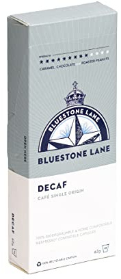 Bluestone Lane Coffee Pods, Single Cup Espresso Capsules, Decaf Colombian Medium Roast, 10 Count (Pack of 1), Compatible with Nespresso Original Brewers