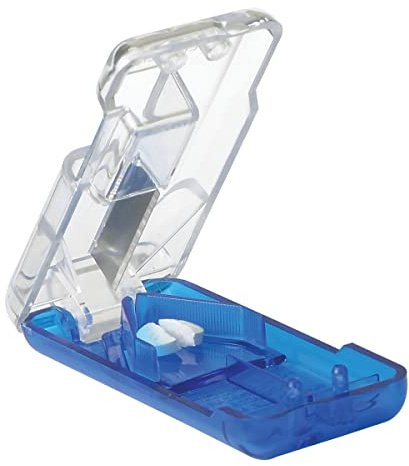 EZY DOSE Pill Cutter and Splitter with Dispenser, Daily Usage, Safely Cut Pills, Vitamins, Tablets, Accurate and Easy Cutting, Stainless Steel Blade, Travel Sized, Blue, BPA Free