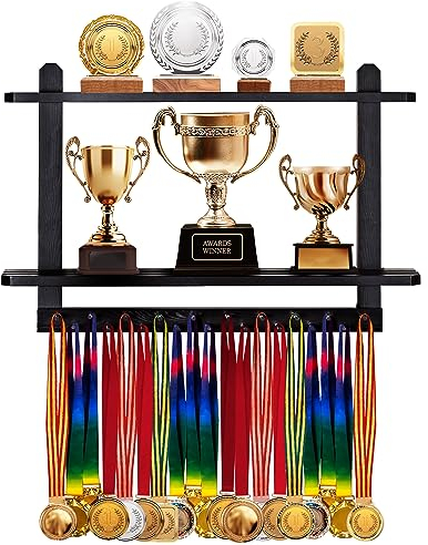 LAVIEVERT Medaillenaufhänger & Trophäenregal aus Holz, Wandmontiertes Rennmedaillendisplay mit 2 Ebenen, Medaillenhalter, Trophäenständer mit 19 Aufhängestangen, Schwarz