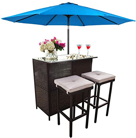 SUNCROWN Outdoor Bar Set 3-Piece Rattan Wicker Patio Furniture, Glass Bar and Two Stools with Cushions and 9 FT Patio Umbrella for Patios, Backyards, Porches, Gardens or Poolside, Sky Blue