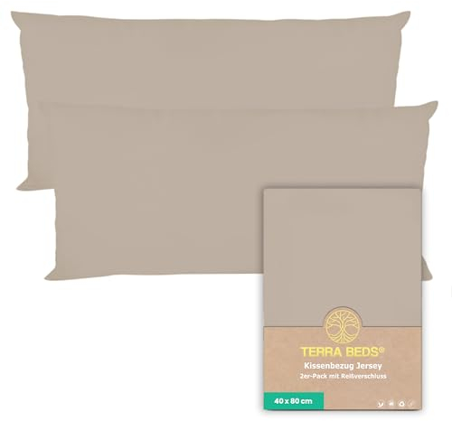 Terra Beds Kissenbezug 40 x 80 (Set mit 2) - 100% Baumwolle Jersey 160 g/m², Oeko-Tex Zertifiziert - Kopfkissenbezug 40x80 für Kissen 40x80 mit Reißverschluss, weich und atmungsaktiv - (Beige)