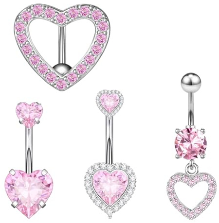 Lilbitty Lot de 4 anneaux de mamelon et anneaux de nombril en acier inoxydable rose scintillant en forme de cœur - Bijou de corps - Paillettes de diamant pour déguisement