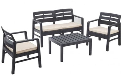 KZ GARDEN - Gartenmöbel Set, Möbel, 4-teilig, Anthrazit, 2-Sitzer-Sofa, 2 Sessel, Couchtisch, 3 Kissen, naturfarben