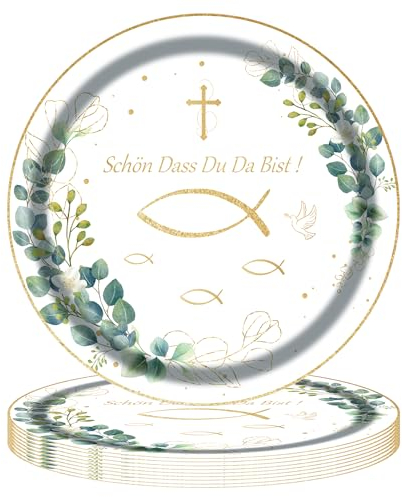 TOPWAYS Pappteller Kommunion Konfirmation Tischdeko, 23cm Fisch Pappteller Klein Einwegteller Eukalyptus Partygeschirr Tischdeko für Taufe Konfirmation Kommunion Deko Junge Mädchen 24 stück