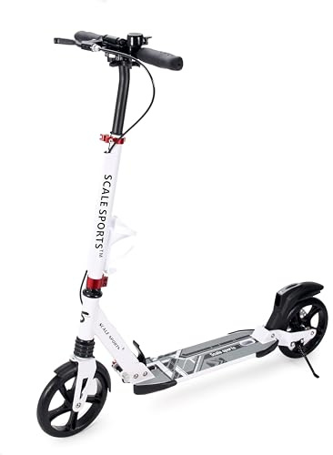 Scale Sports - Monopattino pieghevole per adulti fino a 100 kg, ragazzi e bambini dai 7 anni in su, con freno a mano e a disco, monopattino leggero con tracolla (bianco)