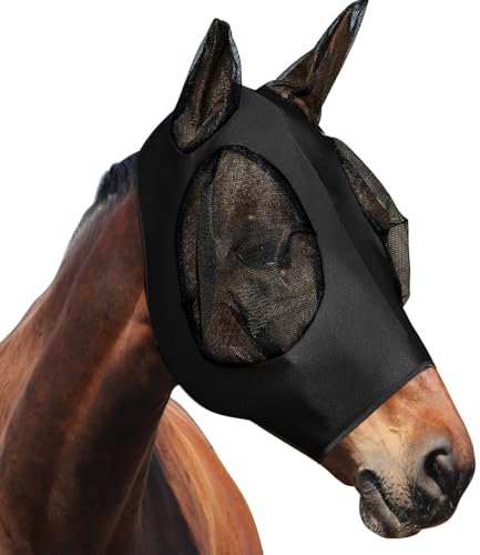 Darryy Fliegenmaske, Pferdemaske, Fliegenmaske Pferd, Fliegenschutz elastisch, Fliegenmaske Pferd UV Schutz (Schwarz)