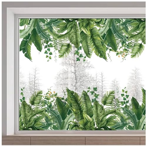 GORGECRAFT 45.7x15 Inch Large Tropical Leaf Window Decals Green Plants Window Clings Reusable Static Window Sticker Non Adhesive Double-Sided Glass Film for Home Glass Sliding Door Decor