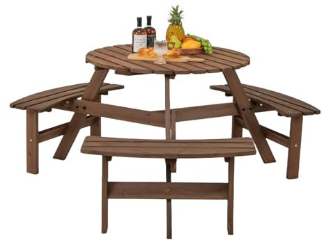 KOMFOTTEU Öltält-set för 8 personer, picknickbordsset av gran med 4 bänkar och parasollhål, trädgårdsmöbler φ179 x 70 cm, trädgårdsuppsättning sitset för terrass, camping (brun)