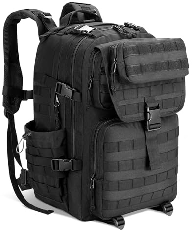 Wiserset Sac à dos tactique pour homme, robuste, 45 l, Army Molle 3 jours, grand sac à dos militaire pour les voyages, la randonnée, le camping et le sport avec porte-bouteille, Noir , L, Sac à dos