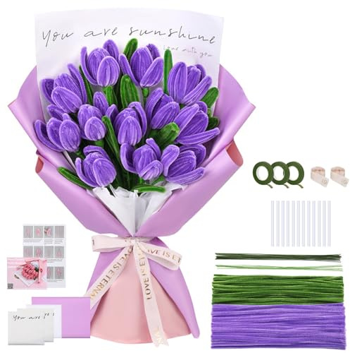 Weinsamkeit 400 PCS Pipe Cleaner Tulipani, con Carta Adesiva per Fiori, Stick Hot Melt,Carta da Imballaggio,per Bouquet di Tulipani Fai da Te Bastone Decorativo in ciniglia (Viola)