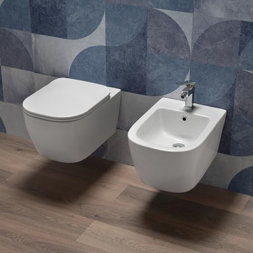 Coppia Sanitari bagno filo muro in Ceramica Bianco Lucido - WC Rimless e Bidet Sospesi con Sedile Soft Close, Sgancio Rapido Easy Clean, Installazione a Parete e Design Moderno - Mod.WhiteWall 4