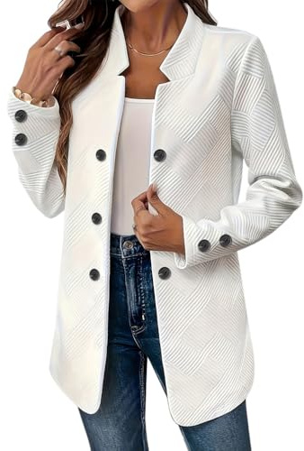 Minetom Femme Blazer Long Automne Hiver Manches Longues Travail Bureau Veste de Costume Tailleur avec Boutons A Blanc M