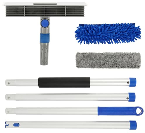 Foppla Window Wiper Cleaner 3 in 1 High Water Absorption Capacity Rotatable Telescopic Long Handled Window Cleaner Tool Cleaning Kit with Squeegee and Microfiber Cloth for Indoor/Outdoor High