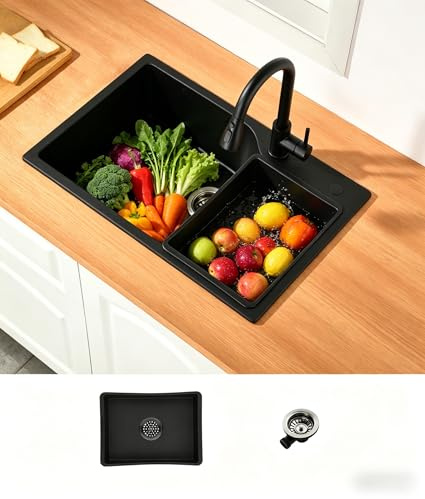 Fregadero Cocina Negro de Granito,Fregadero Cocina 1 Seno 70 x 45 cm,Con Fregadero Interior de Repuesto y Desagüe,Fregadero de Cocina Apto para Muebles Bajos desde 80 cm de Ancho
