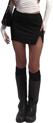 Tisfeer Minigonna da donna a vita media, elasticizzata, snellente, con pantaloncini, spacco laterale, abbigliamento casual quotidiano per l'estate, Nero , S