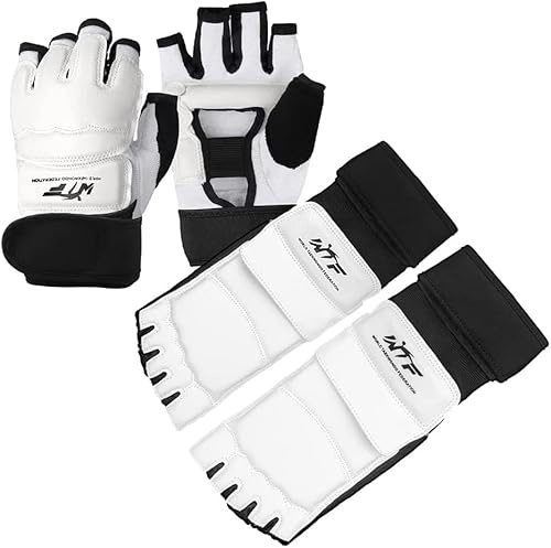 LangRay Taekwondo Handschuhe & Fußschutz Set, Boxen Fußschützer und Halbfinger Boxhandschuhe Kit für MMA Karate Kampfsport UFC TKD Kung Fu Boxsack Martial Arts Kickboxen Sparring Training Gear (XS)