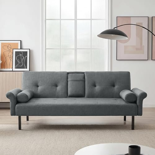 Panana Modern 3 Seater Sofa Bed, Fabric Upholstered Sofa bed with Metal Legs,Futon Recliner Lounge for Living Room, Spare Room, Bedroom (Grey With Cup Holder)