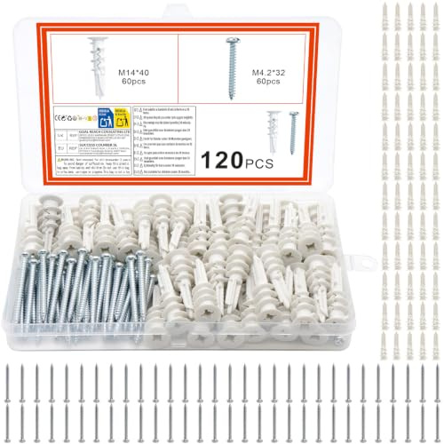 120 PcsPlasterboard Wall Plugs and Screws,Heavy Duty Plasterboard Fixings,60 Plasterboard Screws and 60 Raw Plugs Assorted Drywall Anchors for Cavity Walls Fixings Plaster Board Wall Fixing Screwss