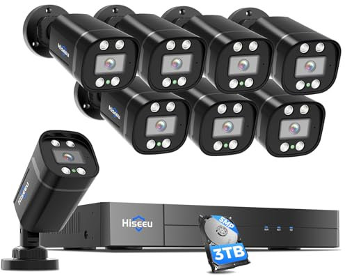 Hiseeu 8 Channel Outdoor Security CCTV Camera System,8PCS x5MP Home Security Cameras,Lite H.265+ DVR with 3TB Hard Drive,Human Detection, Email & APP Alert