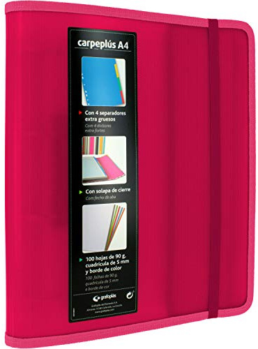 Grafoplás 88200054 Carpesano 4 anneaux, A4, Fuchsia, Polypropylène, avec rabat latéral, recharge de 100 feuilles, séparateurs et enveloppe transparente, multiline.