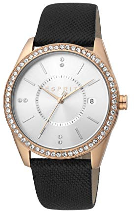 ESPRIT ES1L196L0035 Carlin Black Silver Uhr Damen-Uhr Leder-Armband Datum Silber
