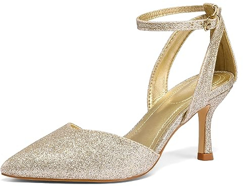 mysoft Women's Pumps Shoes Pointed Toe Kitten Low Heels Stiletto Ankle Strap Closed Toe Wedding Party Dress Sandals Gold Glitter