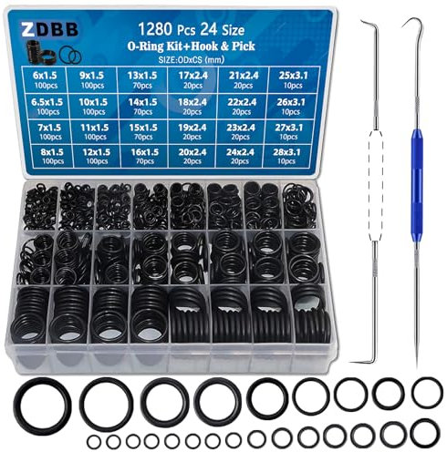 ZDBB 1280 Pcs 24 Size Rubber O-Ring Assortment Kit with Pick and Hook Set for Pressure Washer Faucet Plumbing OD 6mm-28mm