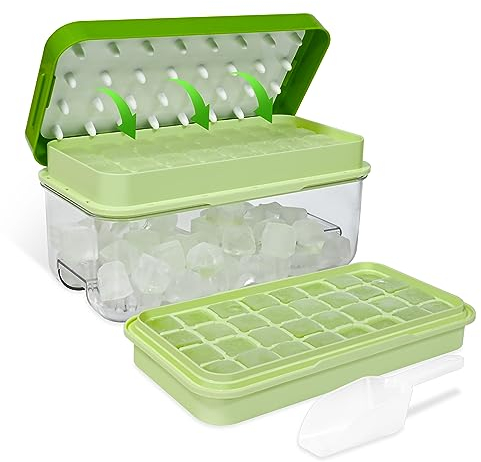 Ice Trays for Freezer with Lid & Bin, Ice Cube Tray Making 64 pcs Ice Cubes, Easy Press to Release Ice, Ice Tray with Storage Bin Chilling Cocktail Whiskey Coffee 2 Trays 1 Ice Bucket & Scoop (Green)
