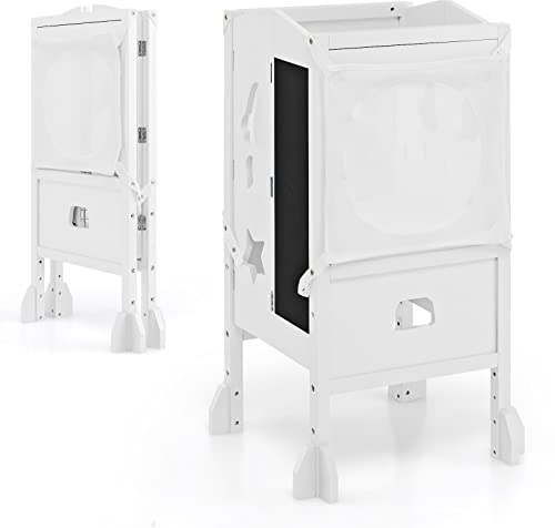 GOPLUS Klappbarer Tritthocker für Kinder, Lernturm mit 2-stufig Verstellbarer Höhe, hölzerner Küchenhocker mit Tafel & Sicherheitsnetz, Kinderhocker mit niedlichen Mustern, ab 18 Monaten (Weiß)