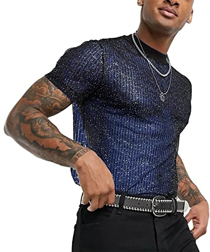 AIEOE Chemise en résille pour homme - Paillettes - Transparent - Sexy - Manches courtes - Pour l'été - Tailles XS à 3XL, A02# T-shirt à paillettes - Bleu, L