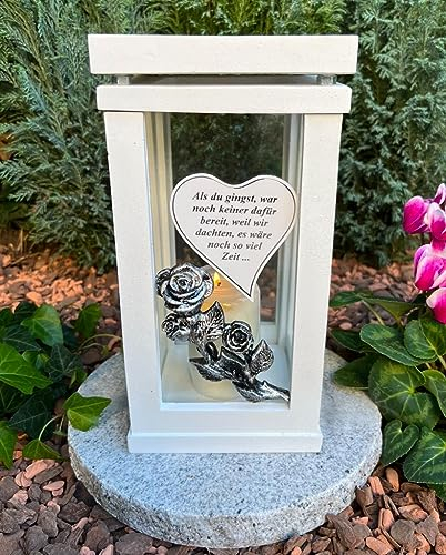 Lanterne Funéraire Blanche Avec Rose et Cœur - Bougie 27 cm de Hauteur - Décoration - Nouveau Modèle Sans Socle