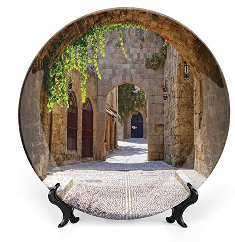 6 Inch Decorative Plate, Tuscan Ceramic Stoneware, Ancient Italian Street in Small Provincial Town of Italy European Print Ornament Display Plate Handmade Plate Wedding Gifts, Brown Green Grey
