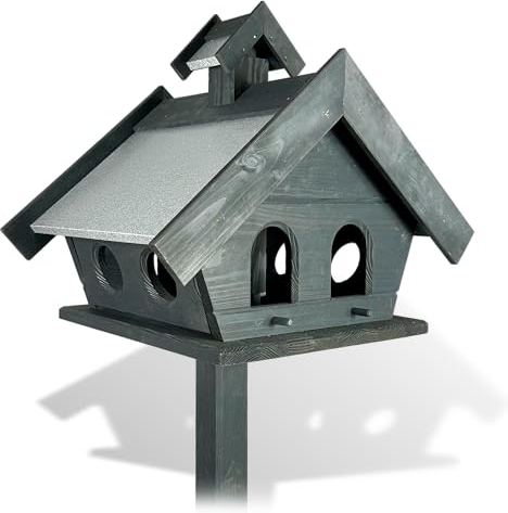 GARTENETAGE Vogelhaus Holz mit Metalldach und 2in1 Ständer/Vogelhaus mit Ständer wetterfest und stabil/Vogelfutterhaus mit Ständer/Robustes Vogelhäuschen für Balkon und Garten